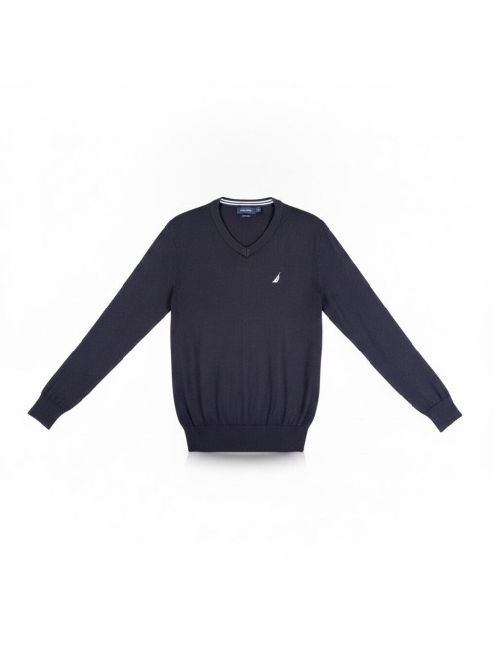 Nautica Mens Navy V-Neck Sweater Slim Fit Pullover Classic Logo Sz S